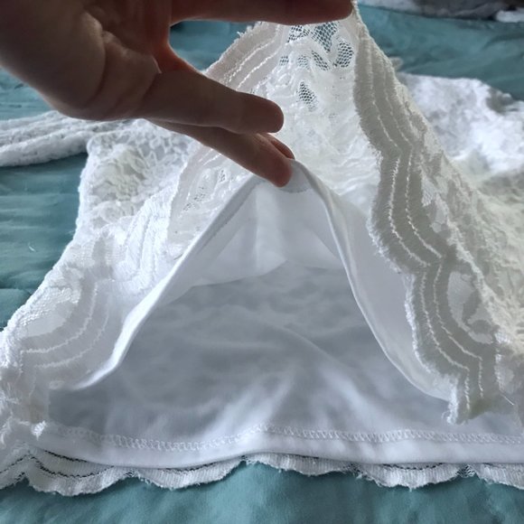 White Ivory Floral Embroidered Lace Double Layered Sheer Long Sleeve Top - Picture 9 of 16